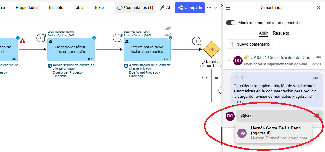 SSO Add Comments AD Adding a comment in a model and mentioning a colleague from the AD