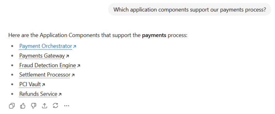 AI assistant powered by the ADOIT MCP server returning Application Components that support the payments process.