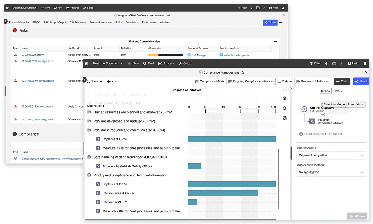 Conformance checks with deviation alerts and compliance status.