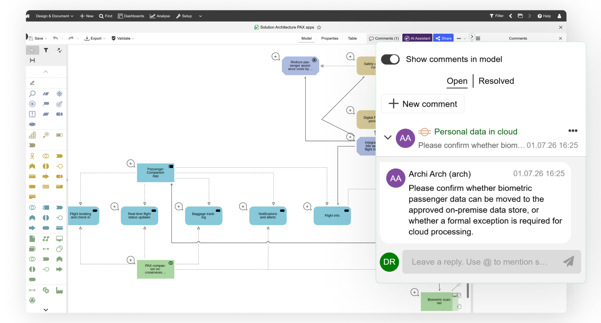 ADOIT – Współpraca nad architekturą – komentarze ADOIT – Współpraca nad architekturą, model Solution Architecture PAX apps z panelem komentarzy dotyczących przetwarzania danych biometrycznych w chmurze