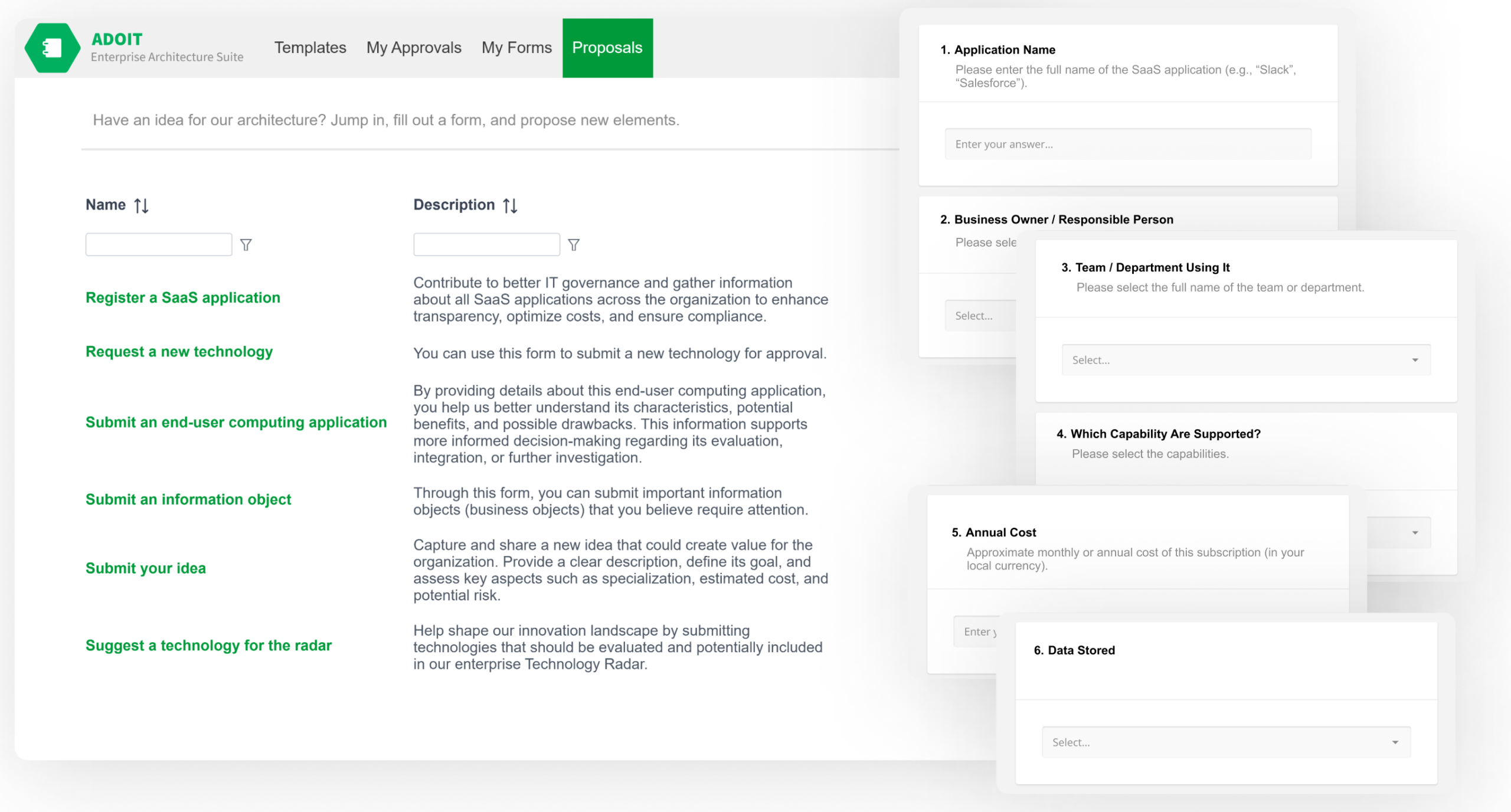 ADOIT – Formularze krok po kroku ADOIT – Widok Proposals z listą szablonów formularzy (rejestracja aplikacji SaaS, zgłoszenie nowej technologii, propozycja pomysłu) oraz przykładowym formularzem